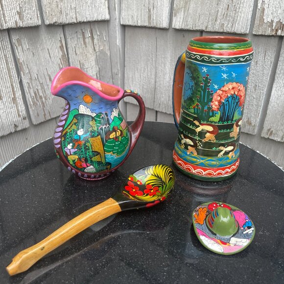 Isidoro Mexico Painted Stein Terracota Pitcher Magnet Wooden Spoon Floral Set - Picture 3 of 16